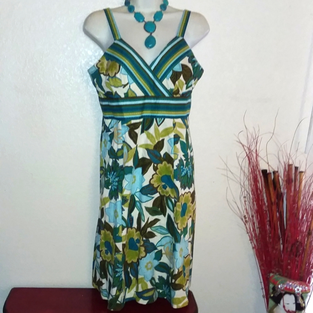 Blue and Green Floral Cotton Sundress R&K Size 8 Petite Sweet and Pretty!